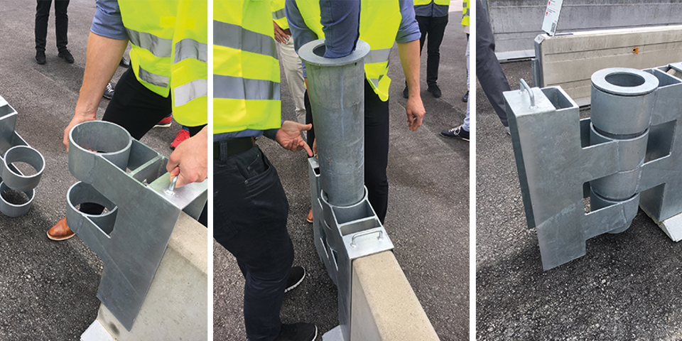 Demonstration över hur kopplingen Flexcorner kopplar samman skyddsbarriärer